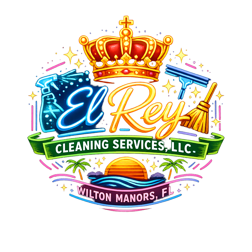 Classic logo for El Rey Cleaning Services, LLC in neon sign style with crown motif.
