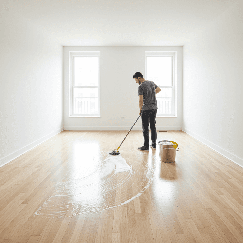 Empty bright apartment being cleaned with mop and bucket