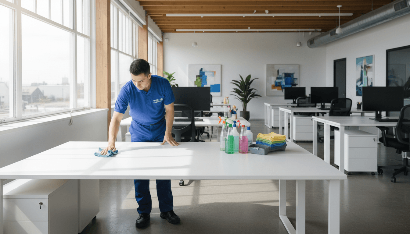 Professional cleaner wiping an office desk in a bright, modern workspace with cleaning supplies nearby