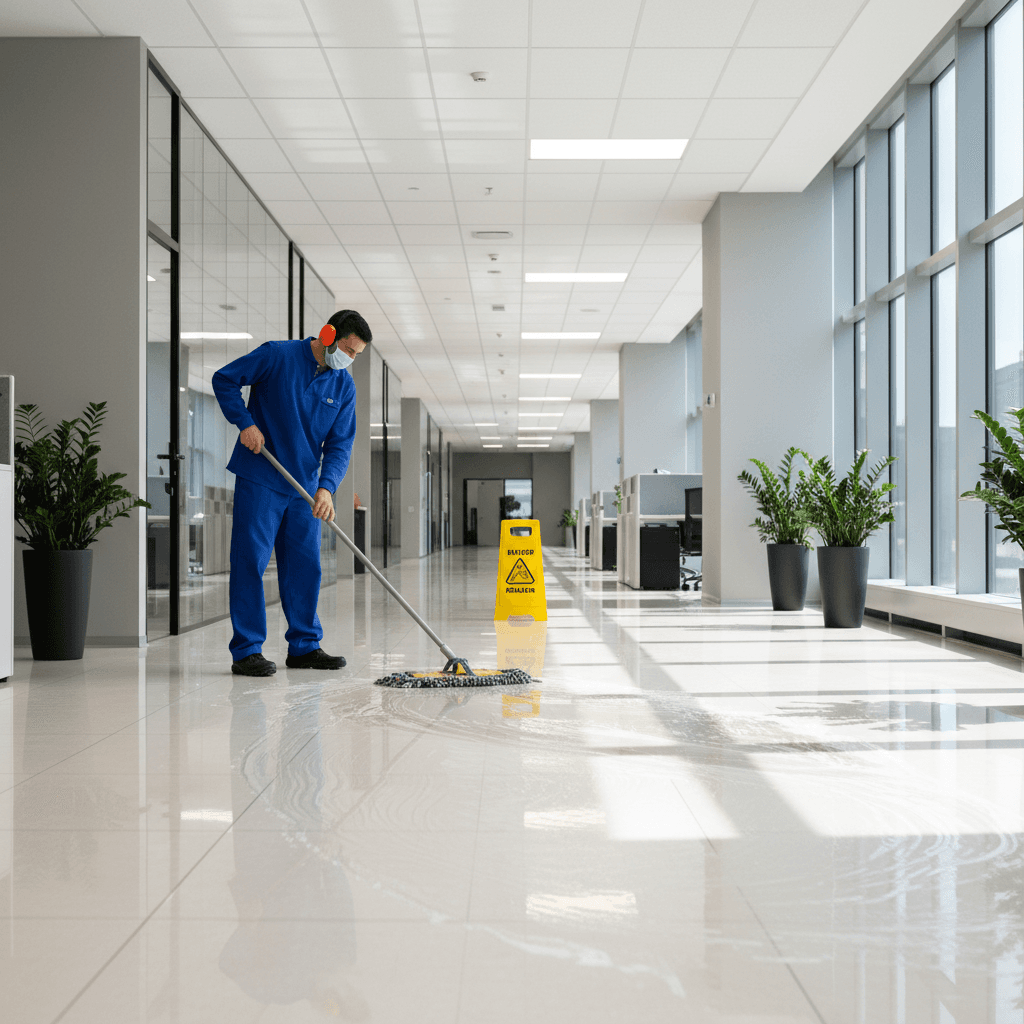 Cleaner mopping a polished commercial floor in a bright office hallway