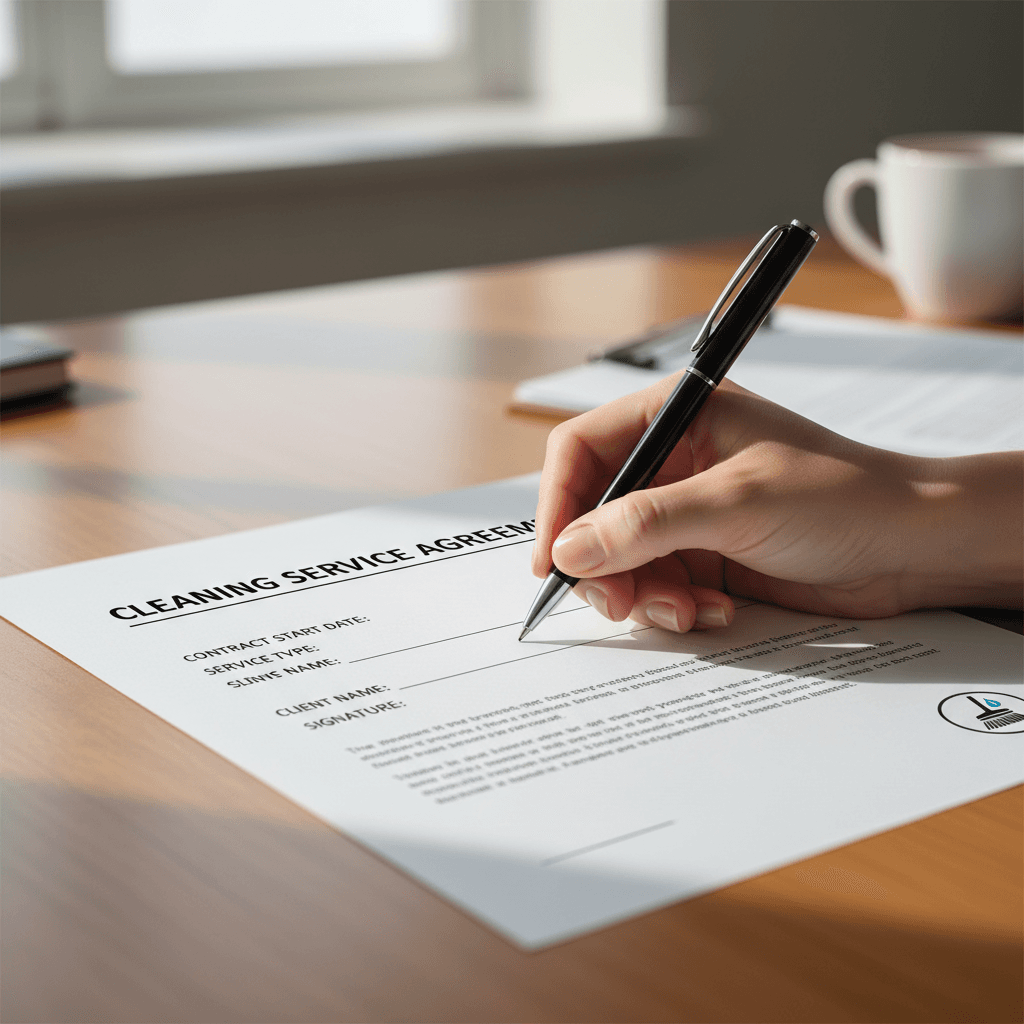 Hand holding a pen signing a simple cleaning service agreement on a table