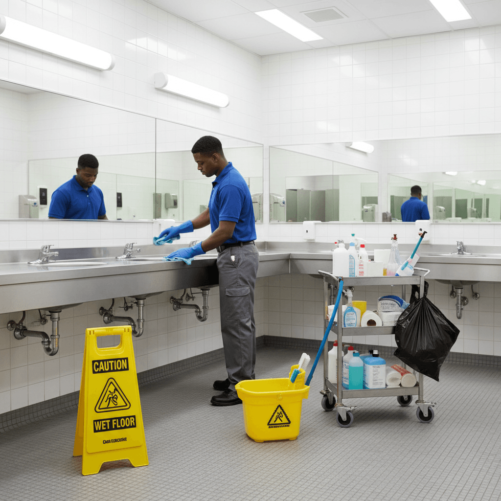 Janitor wiping down a counter in a commercial restroom with supplies