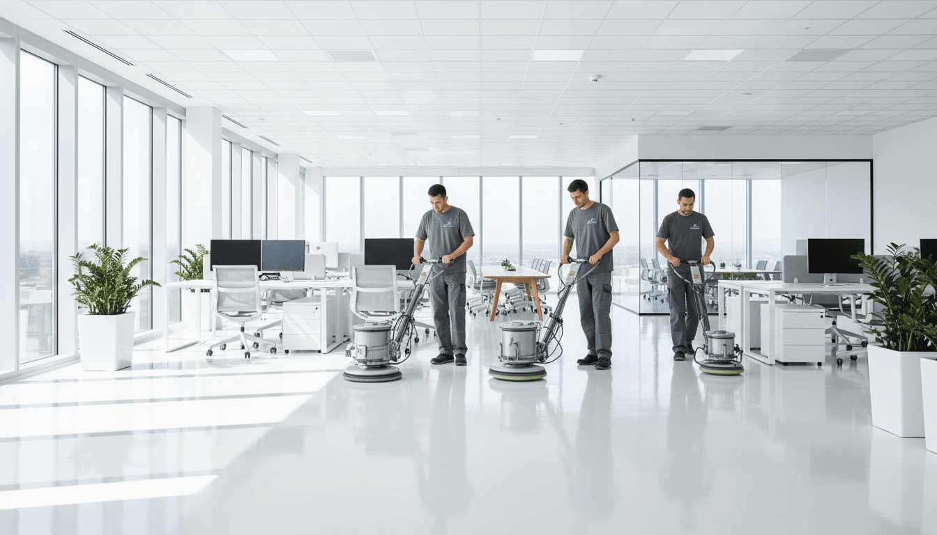 Cleaner polishing the floor of a bright modern office space