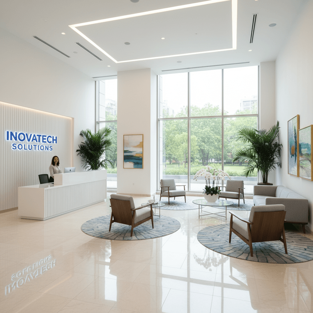 Clean bright office lobby with seating and polished floors