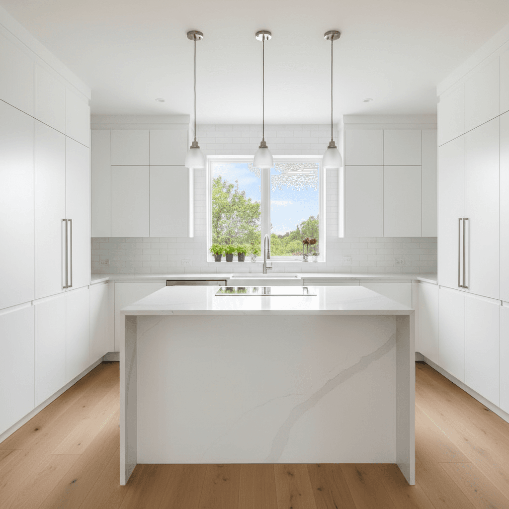 Clean bright modern kitchen with white cabinets and gleaming countertops