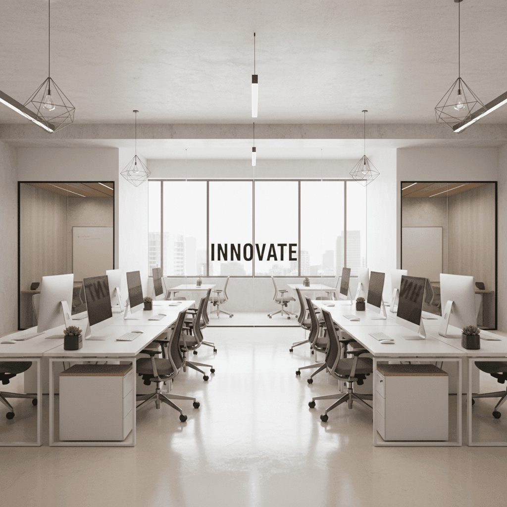 Clean modern office space with organized desks and polished floors