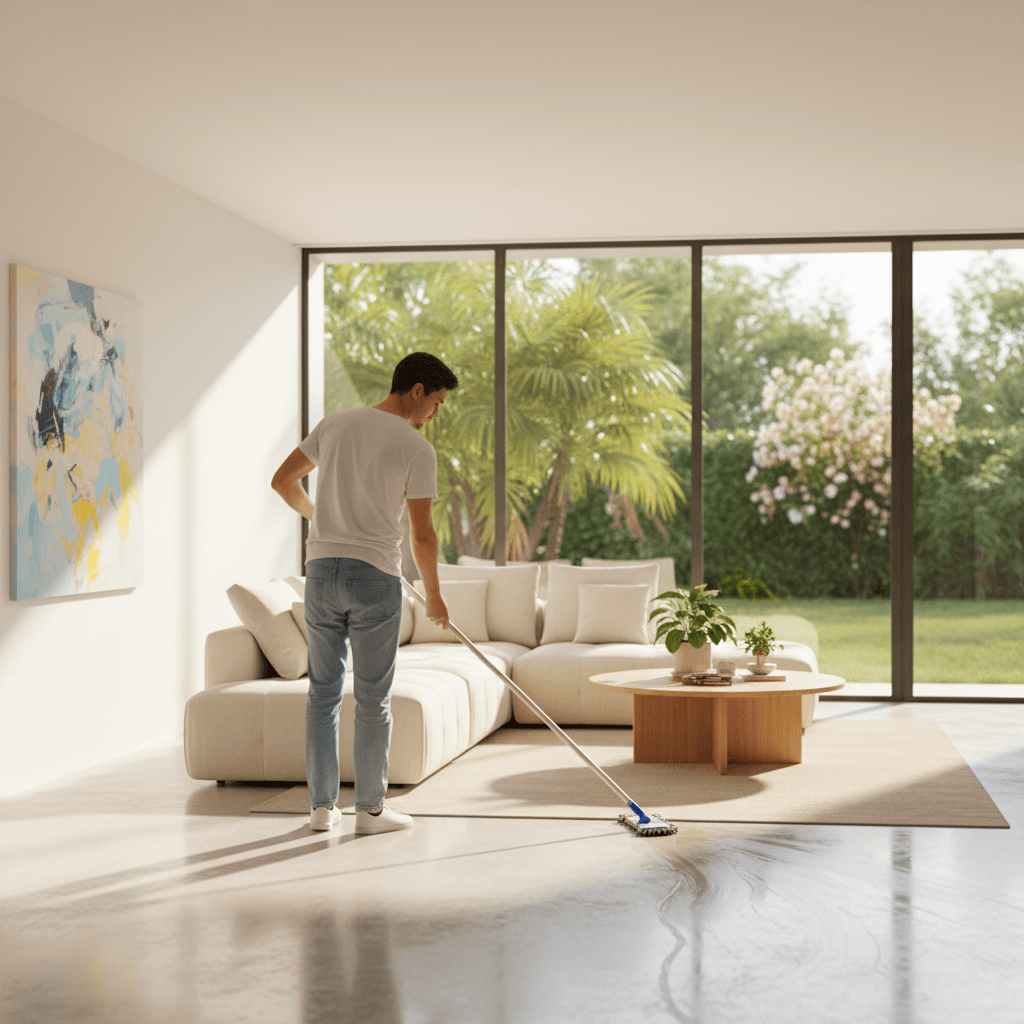 Person mopping clean floor in bright sunny living room