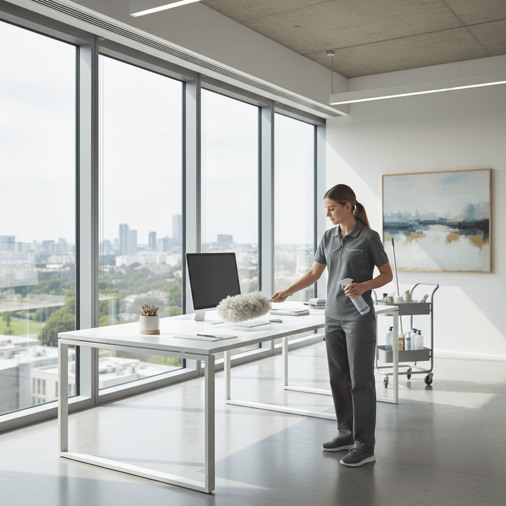 Professional cleaner dusting an office desk in a bright modern workspace