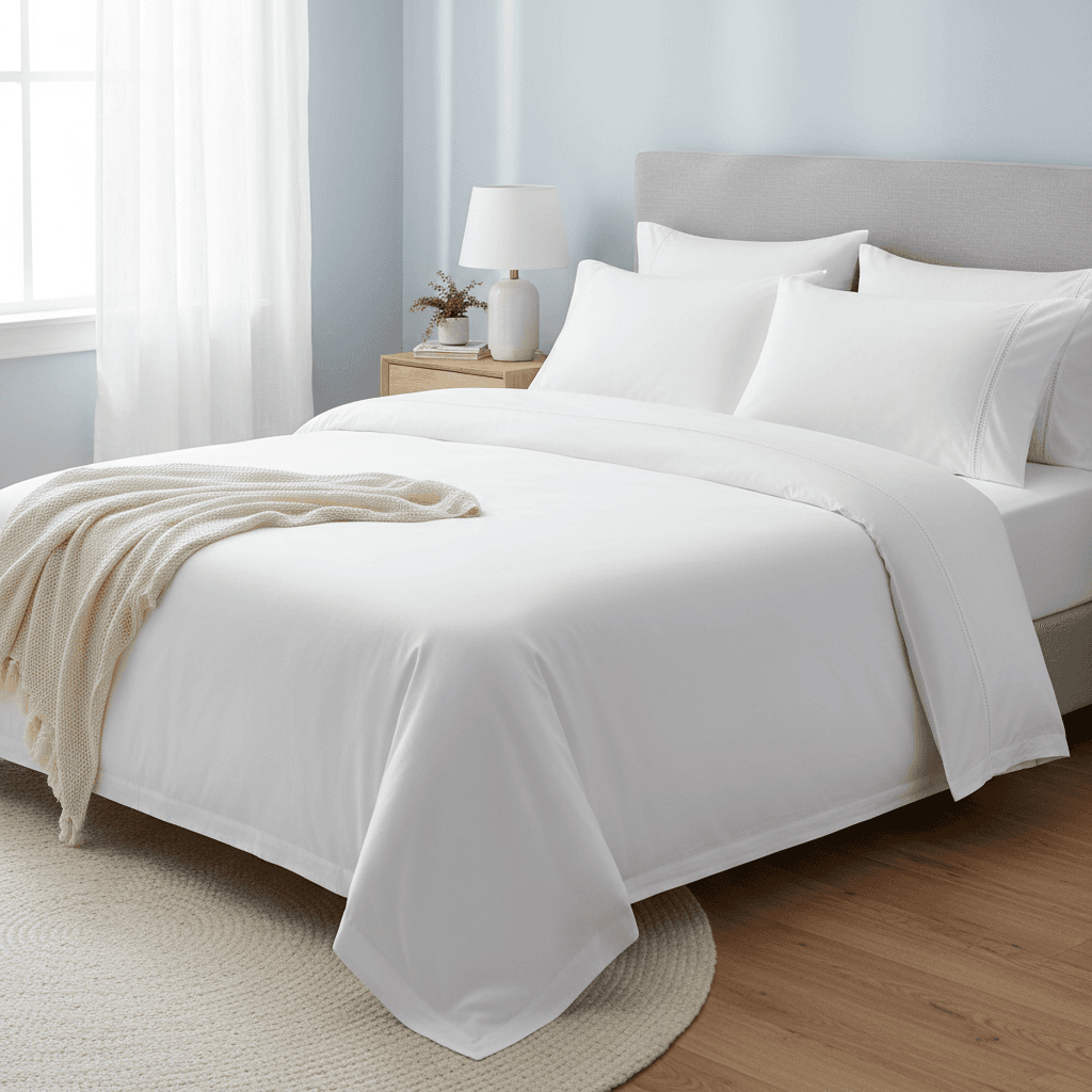 Neatly made bed with fresh white linens in bright bedroom