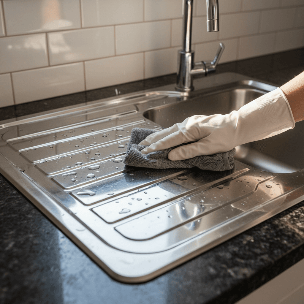 Spotless kitchen countertops and sink gleaming after a deep clean