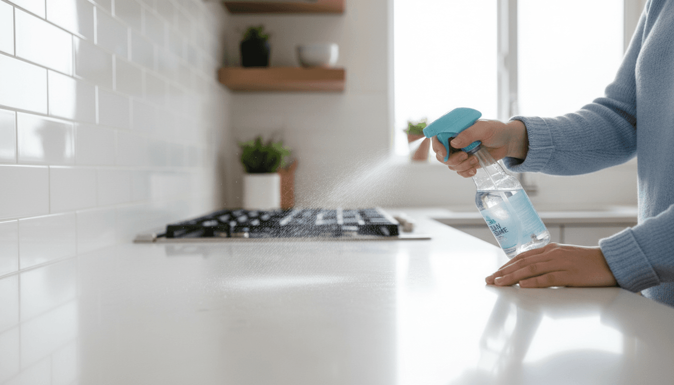 Professional cleaner wiping a kitchen counter in a bright modern home
