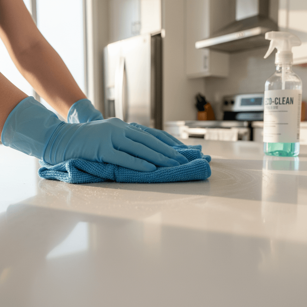 Professional cleaner wiping a kitchen counter with a cloth in a bright modern home