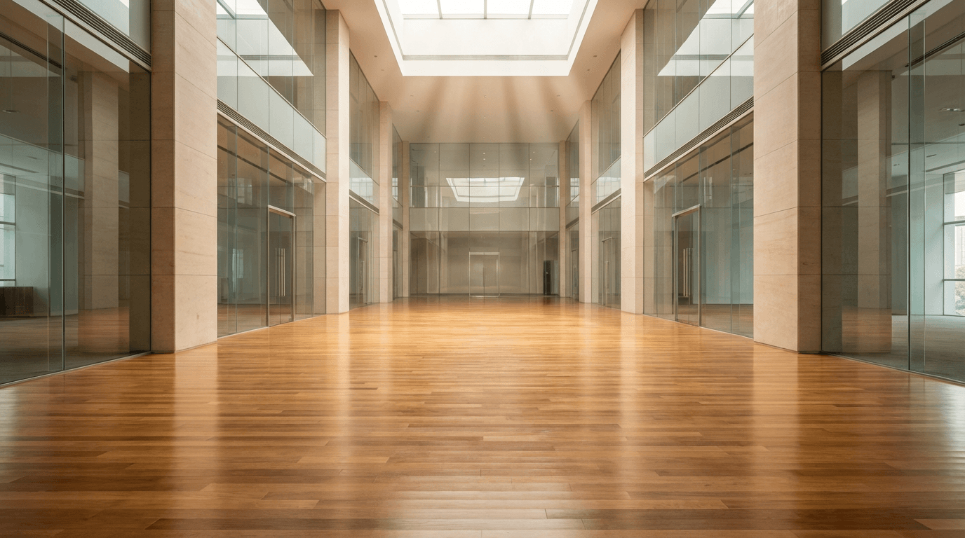 Spotless commercial office with gleaming floors and tidy workspaces