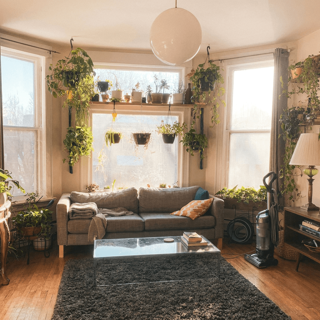 Freshly vacuumed living room with clean, organized furniture