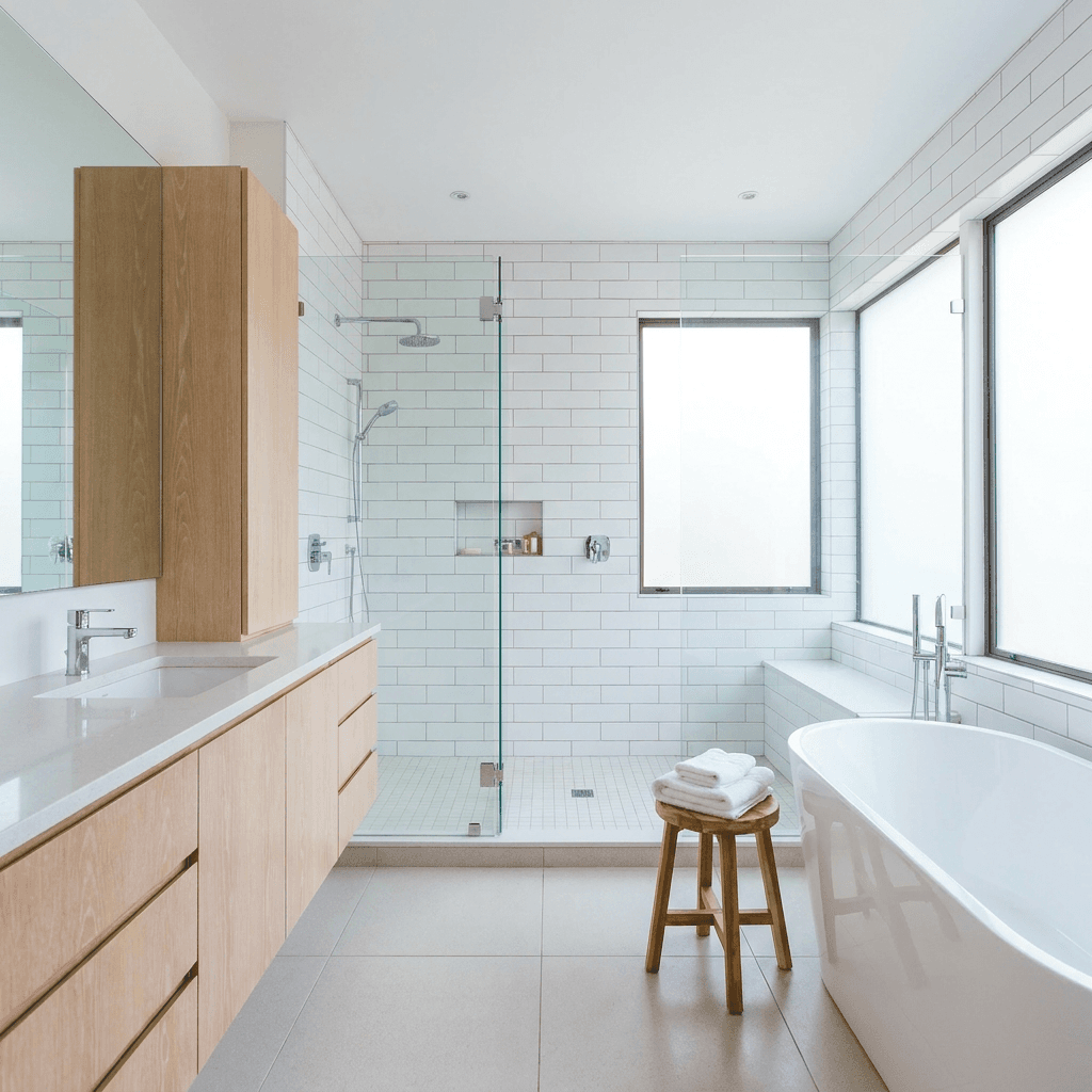 Freshly cleaned shower and bathtub with sparkling fixtures