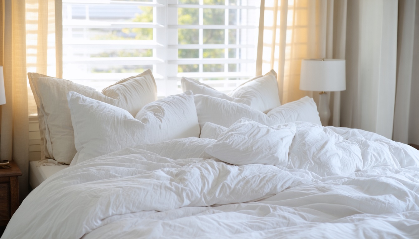 A freshly made bed with crisp white linens in a tidy, sunlit bedroom