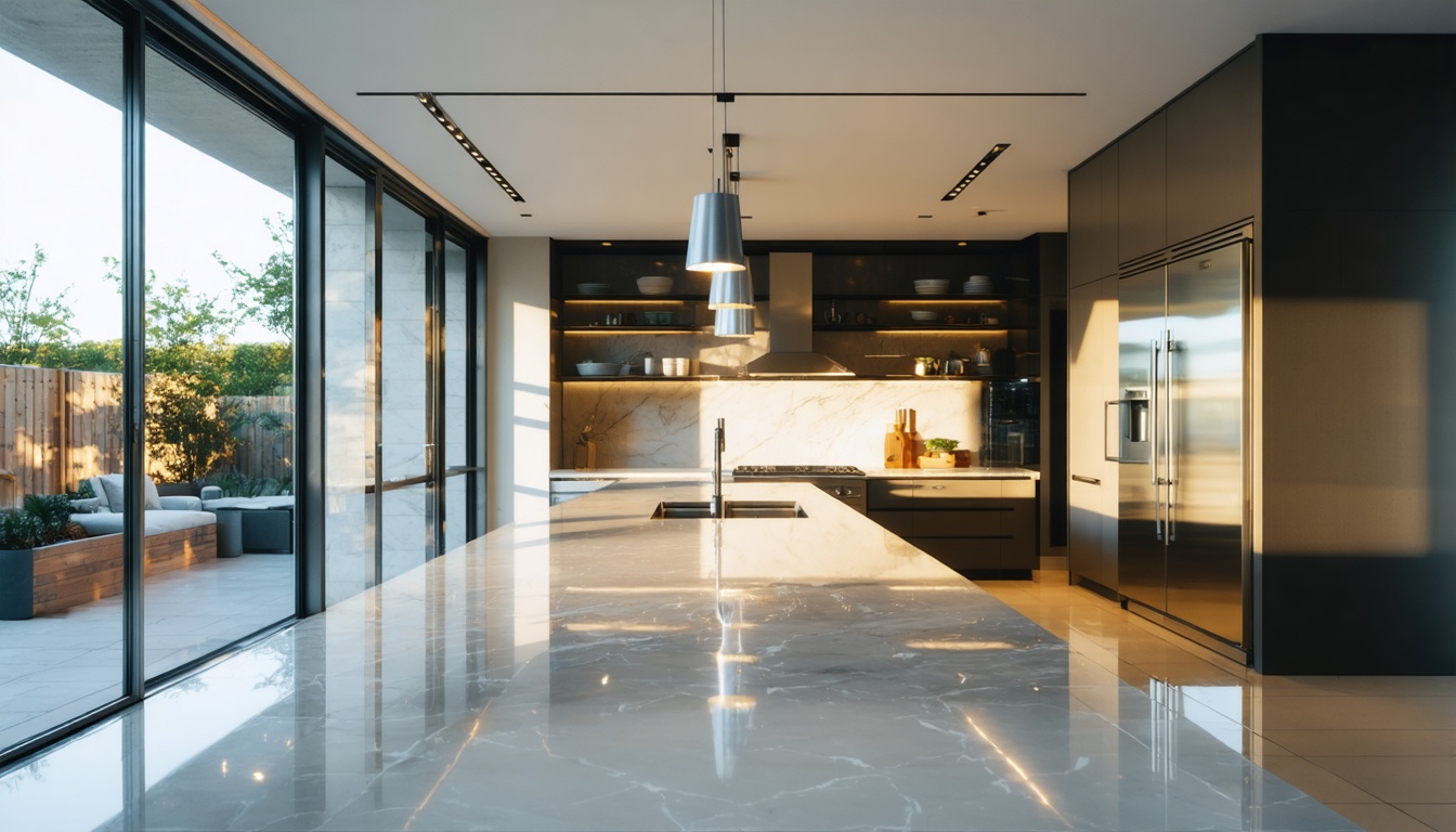 Gleaming stainless steel appliances and pristine countertops in a clean modern kitchen