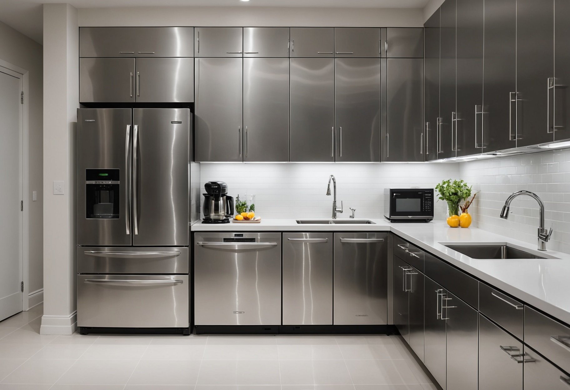 Gleaming stainless steel appliances in a meticulously clean kitchen