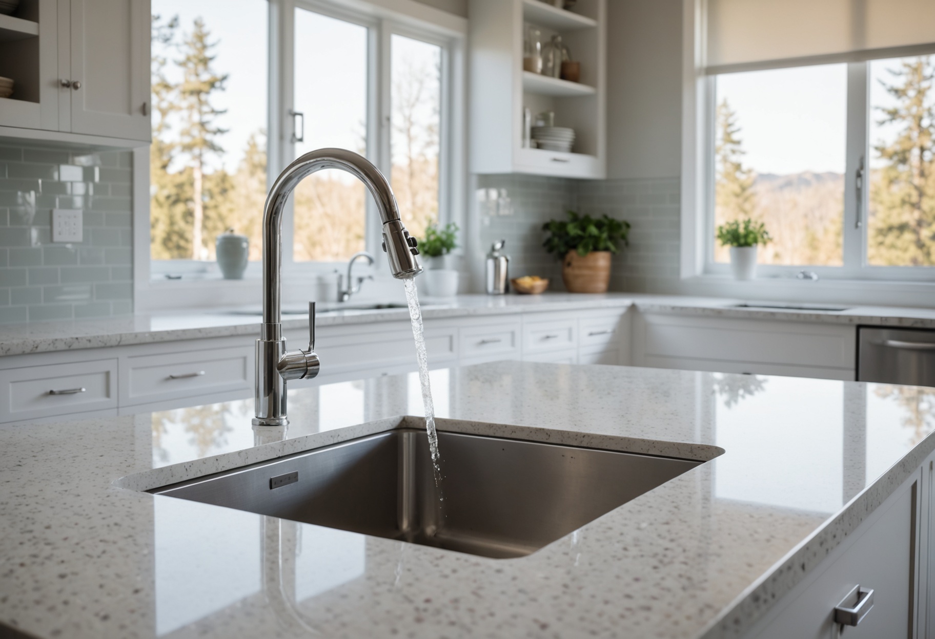 Sparkling kitchen countertops reflecting soft natural light